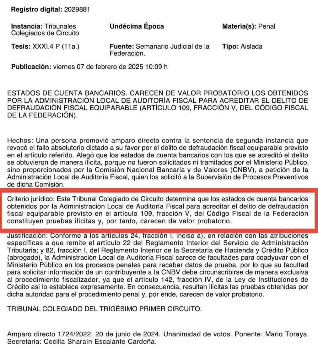 LzbethPadilla2's tweet photo. Bravo por este criterio de los Tribunales Colegiados de Circuito!!!👏🏻👏🏻👏🏻👏🏻

Por supuesto que la información bancaria obtenida por las autoridades fiscales y administrativas, sin control y sin análisis del test de proporcionalidad ES ILÍCITO!!!

Bravo por esos juzgadores 👏🏻👏🏻 https://t.co/1juxHhdCCy