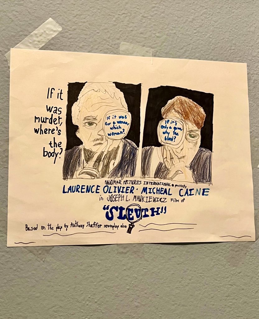NicoleBdorf's tweet photo. @ATRightMovies My 10 year old son is a huge fan & loves collecting #MichaelCaine media. He even drew the #Sleuth poster by hand & has it on his bedroom wall 🫡
#HappyBirthday #IpcressFile #Legend #FourthProtocol https://t.co/KCyQMP6Z5x