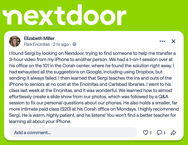 sergi_bosch's tweet photo. Delighted to receive my first recommendation on NextDoor. #iPhone #education #seniors #technology https://t.co/wN5jLOvWi4