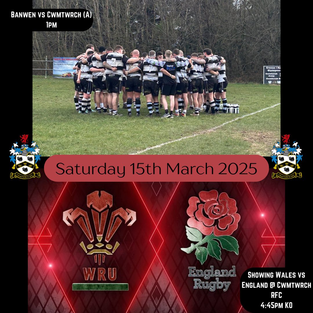 What you doing tomorrow?

Our boys are playing Banwen (A) tomorrow at 1pm. It would be great to see you there🖤🤍

Following the Cwm game, we welcome you all back to the club for Super Saturday🤩

Let’s go🏉🍺
#FelUn