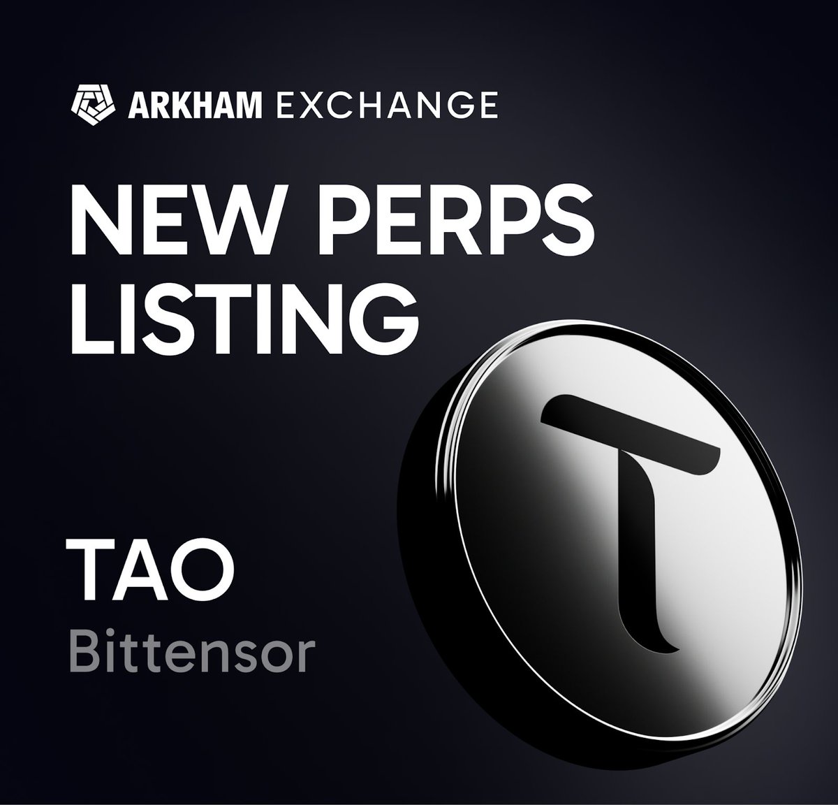arkham's tweet photo. ANNOUNCING NEW EXCHANGE LISTING: TAO

$TAO will be added to the Arkham Exchange, as a USDT perp.

Trading will go live at 12pm EST on Tuesday 18th March.