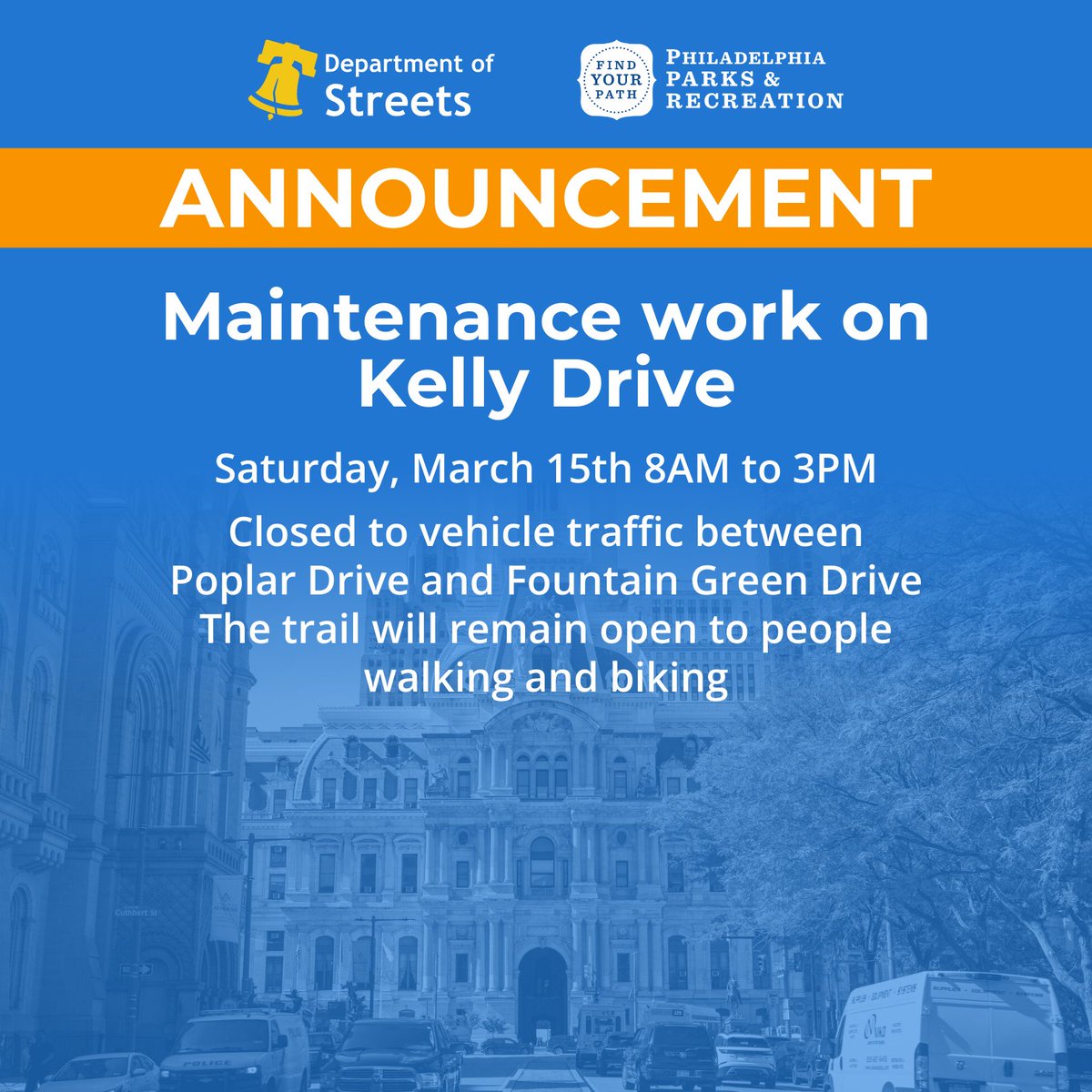 On Saturday, March 15th, from 8:00 am to 3:00 pm, there will be a temporary road closure on Kelly Drive. This closure will affect Kelly Drive between Poplar Drive and Fountain Green Drive. Pedestrian and bicycle trails along the Schuylkill River will remain open and unaffected.