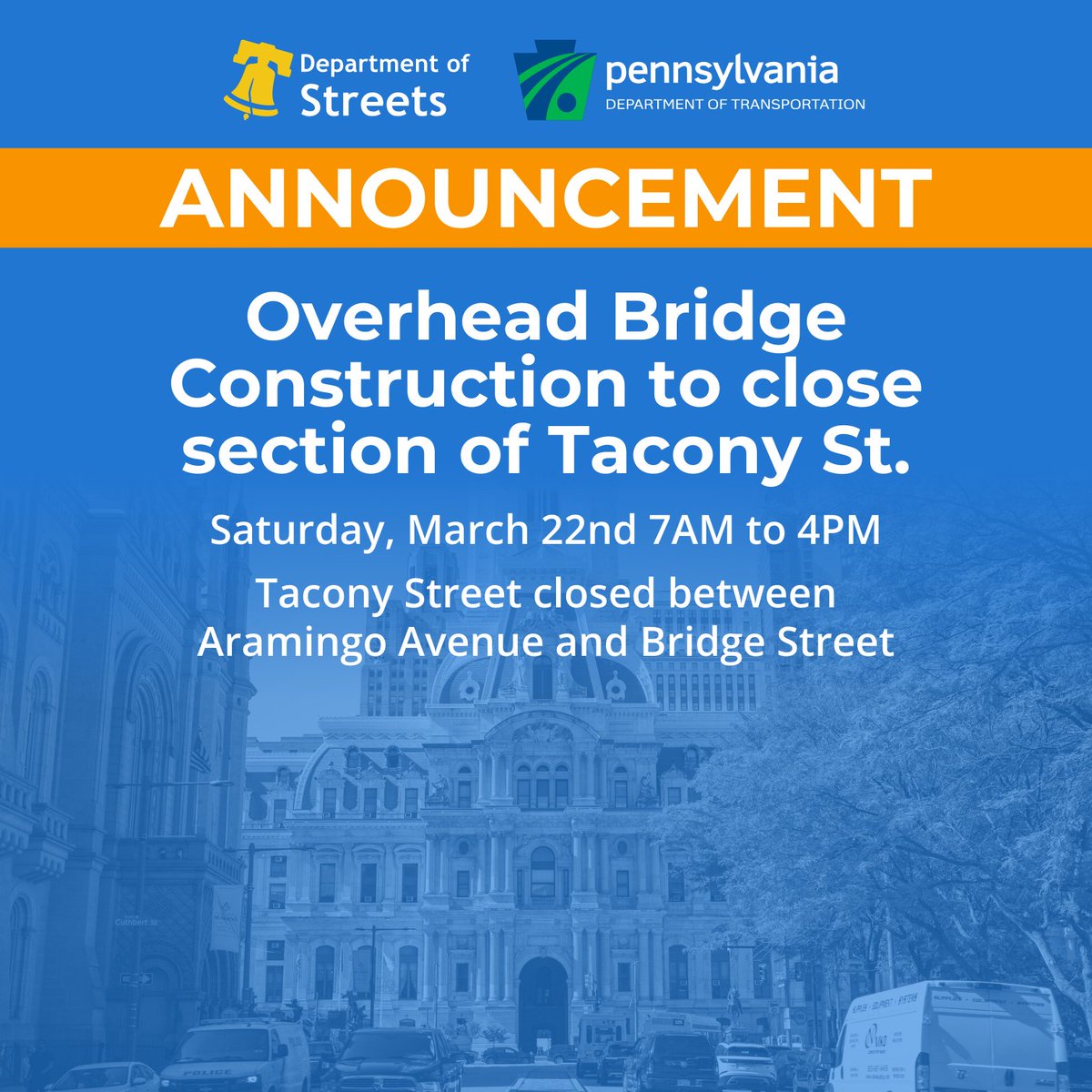 Philadelphia Department of Streets (@streetsphila) on Twitter photo Overhead bridge construction conducted by <a href="/PennDOTNews/">PA Department of Transportation</a> will close Tacony Street between Aramingo Avenue and Bridge Street in Northeast Philadelphia on Saturday, March 22 between 7AM and 4PM. Overhead bridge construction conducted by <a href="/PennDOTNews/">PA Department of Transportation</a> will close Tacony Street between Aramingo Avenue and Bridge Street in Northeast Philadelphia on Saturday, March 22 between 7AM and 4PM.