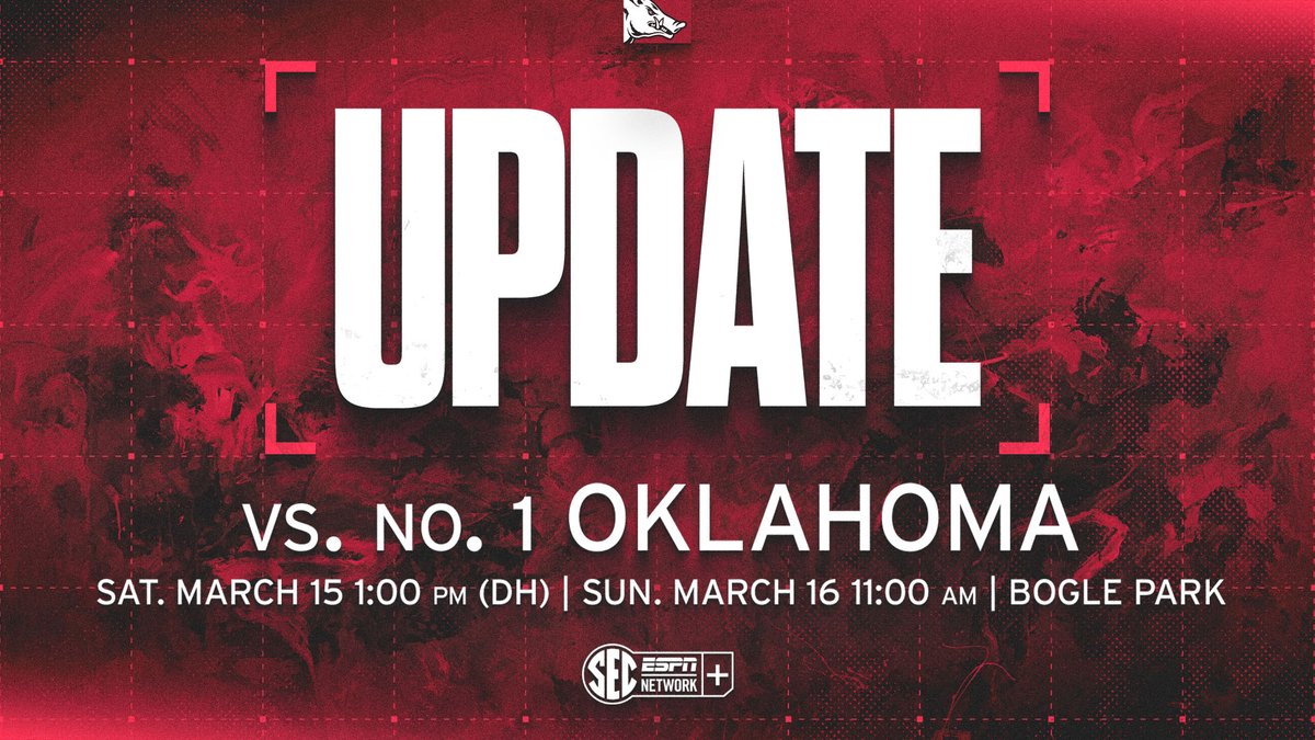 RazorbackSB's tweet photo. 🚨 UPDATE 🚨

Due to weather conditions and for the safety of fans and student-athletes, tonight's game has been moved to tomorrow. We will now play a doubleheader on Saturday beginning at 1 p.m.

For More Info: https://t.co/c29IP2zasN https://t.co/hYmHXgsQhF
