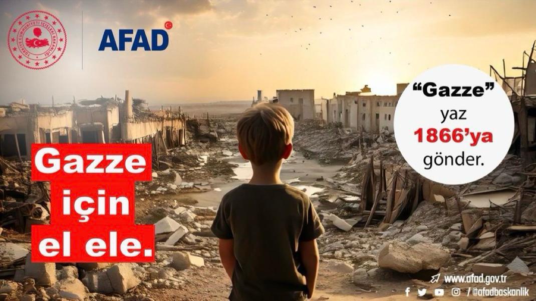Gazze’de insanlık dramı yaşanıyor. Türkiye, mazlum Filistin halkının yanında!  

AFAD (<a href="/AFADBaskanlik/">AFAD</a>)'ın başlattığı yardım kampanyasına destek vererek umut olabilirsiniz.  

“GAZZE", "FİLİSTİN" veya "ZEKAT" yazıp 1866’ya SMS gönderin.

#AFADtanGazzeyeYardımEli