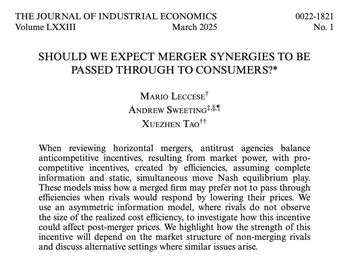 Very happy to see this in print! 

Mergers are often justified by cost efficiencies. But do merging parties always have the incentive to pass these savings to consumers? 

🧵👇