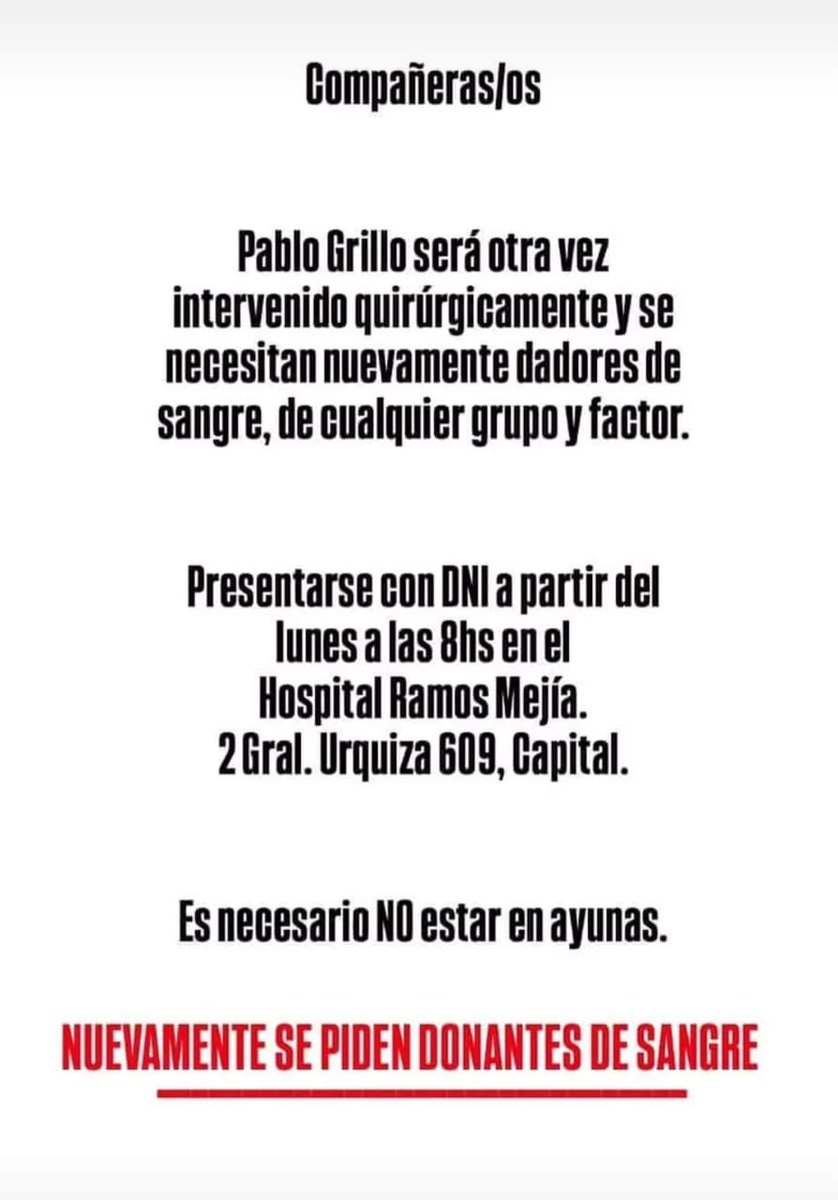 agusb_98's tweet photo. A Pablo Grillo lo tienen que volver a operar y se necesitan dadores de sangre 🙏 https://t.co/IIoHu3dx8X