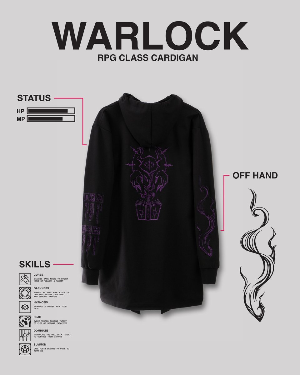 TorokamiApparel's tweet image. WARLOCK
For those who dare to embrace the darkness 😈
The long awaited Warlock class cardigan is open for preorders this weekend! It will also be the very first cardigan that includes the new inner lining! In addition to Warlock, the Assassin cardigan with added lining will…