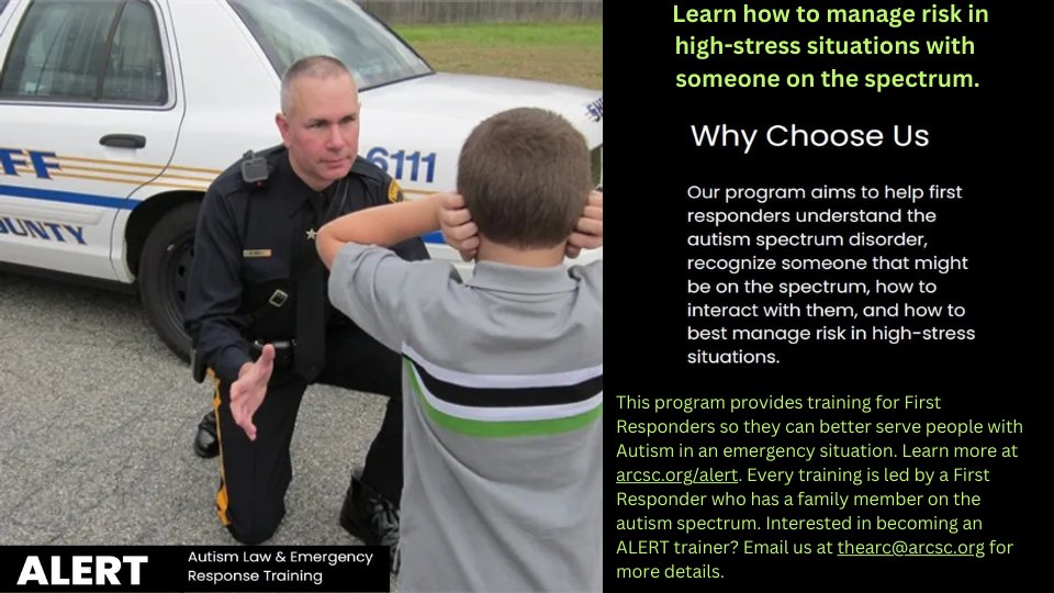 arc_sc's tweet image. First Responders: Join our Autism Law & Emergency Response Training (ALERT) to enhance your skills in high-stress situations. Learn more: arcsc.org/alert
#TheArcofSC #ALERTProgram #AutismAwareness #DisabilityAdvocac