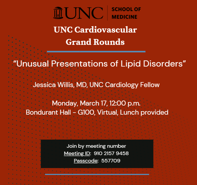 UNC Division of Cardiology (@unccardiology) on Twitter photo Jessica Willis, MD, UNC Cardiology Fellow, is our next Cardiology Grand Rounds speaker on Monday, March 17. <a href="/UNC_SOM/">UNC School of Medicine</a> <a href="/UNCDeptMedicine/">UNC Department of Medicine</a> <a href="/UNC_Health_Care/">UNC Health</a> #CardioEd
Join from the Zoom meeting link:
go.unc.edu/Bw45E Jessica Willis, MD, UNC Cardiology Fellow, is our next Cardiology Grand Rounds speaker on Monday, March 17. <a href="/UNC_SOM/">UNC School of Medicine</a> <a href="/UNCDeptMedicine/">UNC Department of Medicine</a> <a href="/UNC_Health_Care/">UNC Health</a> #CardioEd
Join from the Zoom meeting link:
go.unc.edu/Bw45E