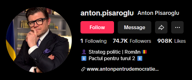 P_Kallioniemi's tweet photo. In Romania, it appears that the Kremlin has found its next candidate: Anton Pisaroglu.

He has gained nearly 75,000 followers and over 900,000 likes on TikTok in just two weeks. His Wikipedia page was created today.

Incidentally, Russia’s former candidate, Călin Georgescu, also had his candidacy primarily promoted on TikTok, where he amassed tens of millions of impressions in just a few months.
