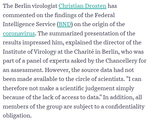 emilyakopp's tweet photo. Christian Drosten, "Germany's Fauci," says he can't make a determination about German intel suggesting a lab leak because the raw data isn't available to outside scientists. He says a natural origin is more likely. 

This is hypocritical: Chinese authorities never made early case location data available. Yet proponents of the natural theory say early cases clustering around the wet market are all but conclusive evidence.