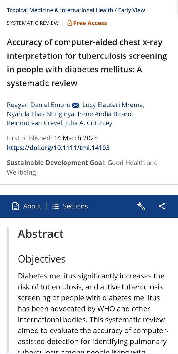 REAGAN EMORU M.D 👑 (@emorureagan) on Twitter photo 🚨🚨Excited to share my First Publication as Lead author in <a href="/TropMed_IntHlth/">TMIH Journal</a> .
"Accuracy of Computer-aided chest x-ray interpretation for TB screening in people with diabetes:A systematic review"
Thanks to my amazing co-authors and mentors from Radbound UMC, SGUL and <a href="/LSHTM/">London School of Hygiene & Tropical Medicine</a> 🚨🚨Excited to share my First Publication as Lead author in <a href="/TropMed_IntHlth/">TMIH Journal</a> .
"Accuracy of Computer-aided chest x-ray interpretation for TB screening in people with diabetes:A systematic review"
Thanks to my amazing co-authors and mentors from Radbound UMC, SGUL and <a href="/LSHTM/">London School of Hygiene & Tropical Medicine</a>