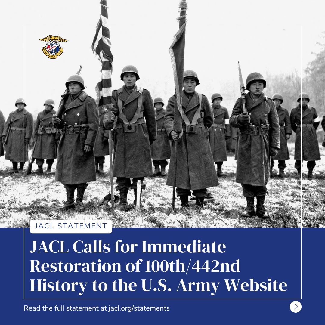 JACL_National's tweet photo. It's been recently discovered that the pages about the 100th, 442nd, and other AANHPI military units have been removed from the U.S. Army website. The JACL calls for the immediate restoration of these pages.  

Read our full statement: https://t.co/dWlVpBN6L6 https://t.co/y85qMbxIqw