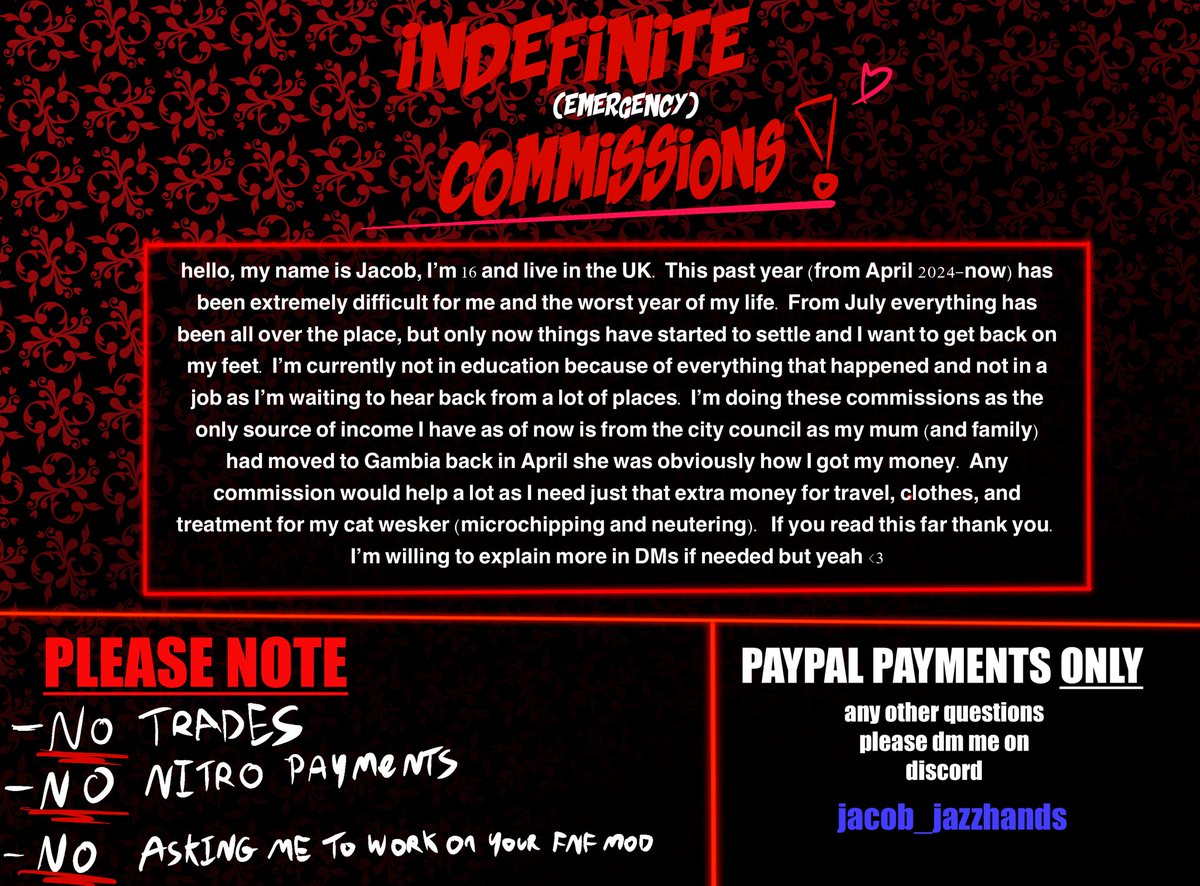 Jacobjazzhands1's tweet image. PLEASE READ!!
I’ve opened commissions INDEFINITELY after everything that has happened. I am
doing both #fnf and regular commissions.

#fnf #SonicTheHedgehog #madnesscombat #Commission #Emergency #artist #fridaynightfunkin #ShadowTheHedgehog #ArtCommission