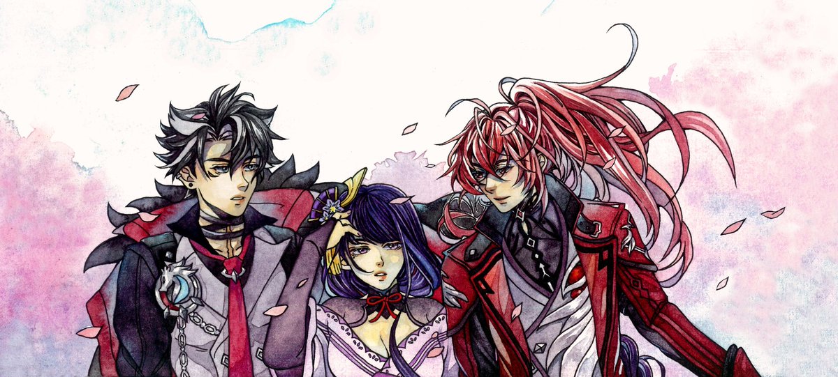 ( March 10th 2025)
Happy Birthday to my friends: Yume-chan and Nana-chan 🎂🎁🎉
Let's keep adventuring together 💖🌻
#GenshinImpact #Wriothesley #diluc #raidenshogun #watercolor #illustration  #traditionalart #hoyoverse