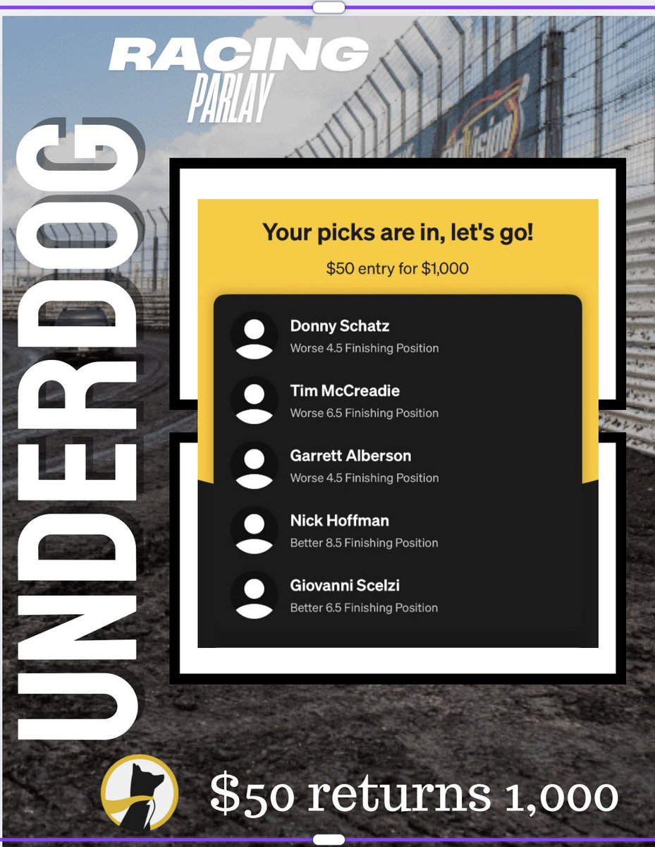 A world of outlaw flyer for sprints and late models! Let’s have a weekend.
9-5 (+15.1 units)

Here’s my favorite bet for 3/14
 ❤️ if you’re tailing

Get in now with the link below before the odds change. 🏁
#underdog #worldofoutlaws #highlimitracing #usacracing
21+. Gamble