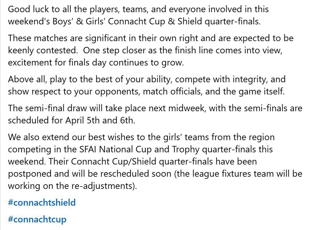 Good luck to all players &amp; teams in this weekend’s Connacht Cup &amp; Shield QFs

These matches are key, fiercely contested, and bring finals day closer. 

Play your best, respect opponents, officials, &amp; the game.
 🏆⚽ 

#ConnachtCups
#ConnachtShields