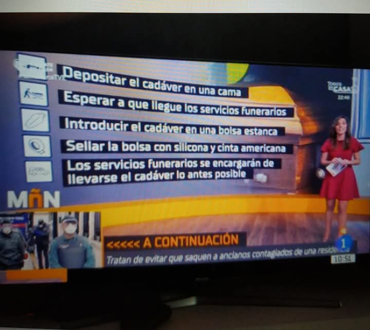 Sabeis que es un protocolo de la vergüenza???

Que el 25 de Marzo del 2020 en RTVE, bajo mandato de Sánchez y en pleno Estado de Alarma, se nos dijera como depositar un cadáver en nuestra casa y como embalsamarlo.