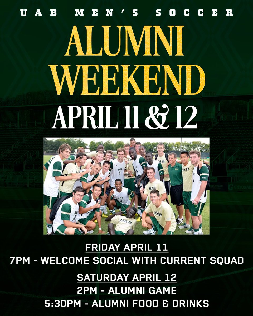 ALUMNI WEEKEND 🎓 ⚽️

Calling all UAB Men’s Soccer Alumni ☎️ 

Join us back on campus April 11-12 for an Alumni Game and social events! 🗓️ 

RSVP via the link below 📲

forms.gle/NjaM5MhwwCQ7sY…

#WinAsOne 🐉