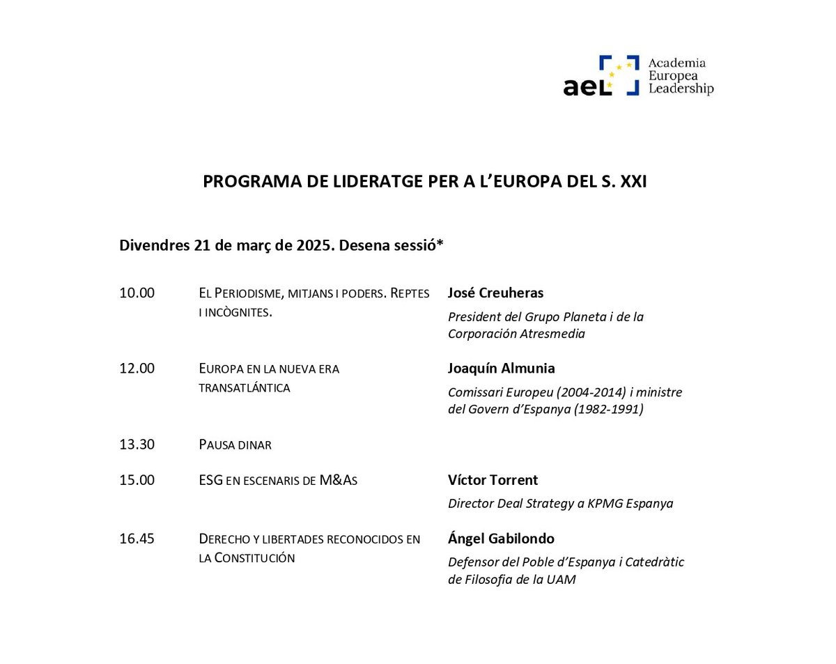 Divendres 21 José Creuheras -<a href="/GrupoPlanetaES/">Grupo Planeta</a> i <a href="/atresmediacom/">Atresmedia Comunicación</a>; Joaquin Almunia, Comissari Europeu (2004-2014) i ministre Govern d’Espanya (1982-1991);Víctor Torrent González-<a href="/KPMG_Es/">KPMG España</a>;i Ángel Gabilondo, <a href="/DefensorPuebloE/">Defensor del Pueblo</a>: professors de la 10ena jornada programa #lideratge  d'#AEL.