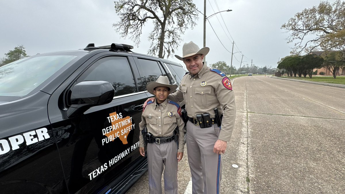 LtChrisOlivarez's tweet photo. Had the honor of spending the day in Houston with DJ Daniels, an honorary @TxDPS State Trooper who has overcome incredible challenges with cancer. DJ exemplifies resilience and strength, overcoming adversity with an inspiring spirit. Together, we worked on an important Spring Break safety message—stay tuned for the coming video! #SpringBreakSafety #HonoraryTrooper #TXDPS