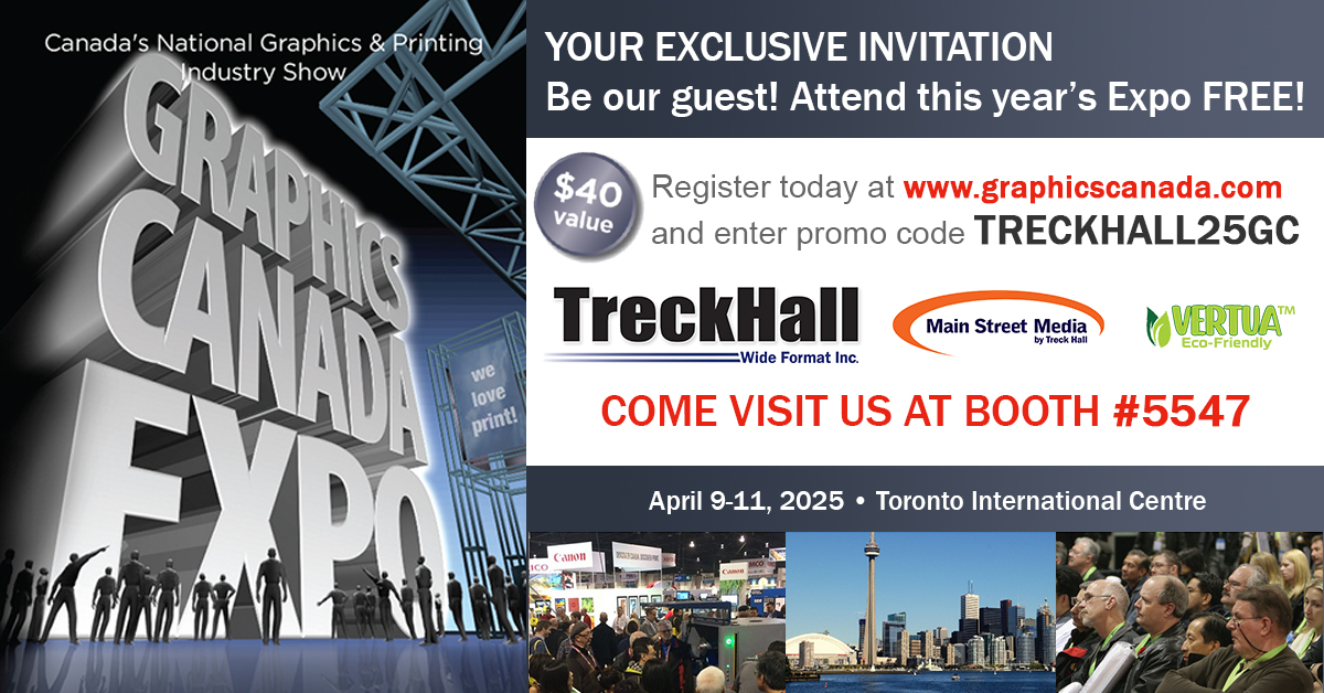 See you at Graphics Canada Expo April 9–11!
Be our guest, use our promo code for free show pass. 
As a Canadian 🇨🇦 leader in wide-format print media, we’ve been attending this great event for over 20 years! Register at lnkd.in/eVdS6Huf 
Code: TRECKHALL25GC