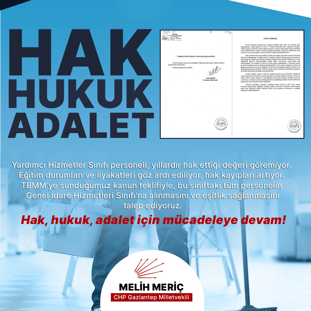 Yardımcı Hizmetler Sınıfı personeli, yıllardır hak ettiği değeri göremiyor. Eğitim durumları ve liyakatleri göz ardı ediliyor, hak kayıpları artıyor. TBMM’ye sunduğumuz kanun teklifiyle, bu sınıftaki tüm personelin Genel İdare Hizmetleri Sınıfı’na alınmasını ve eşitlik