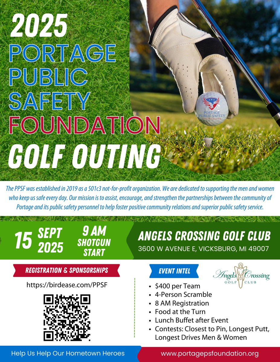 PortagePSF's tweet photo. ⛳️ It's time to register your team for the 2025 Portage Public Safety Foundation Golf Outing! Sponsorships are also available. Scan the QR code below or visit https://t.co/Yk3n3uQuy7 to begin. Help us help our hometown heroes today! https://t.co/YjPxVNM0ag