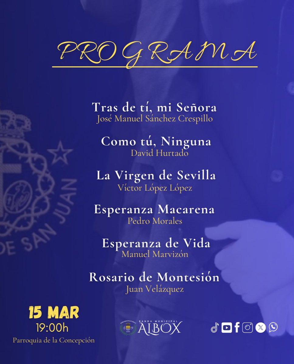 Repertorio

Este sábado 15 de marzo, a las 19:00h, en la Parroquia de la Concepción, acompañaremos al Pregón y a la presentación del Cartel de la Semana Santa 2025 de Albox, a cargo de @pasocoloraoalbox

Os compartimos el repertorio del concierto para este acto.
