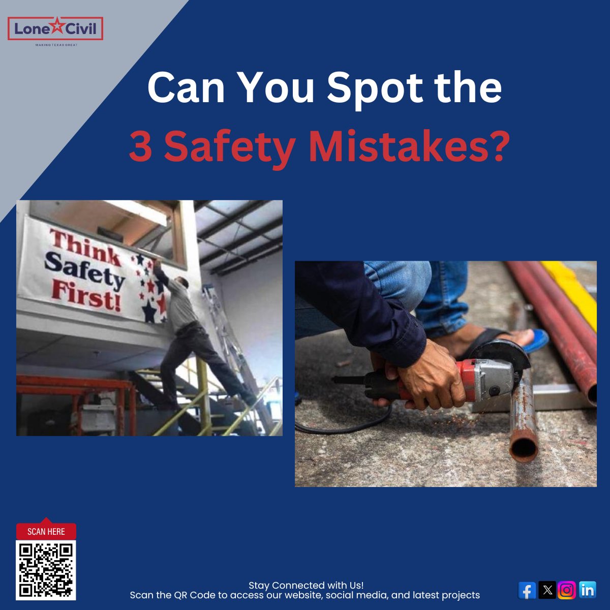 LoneStarcivil's tweet photo. Spot the 3 Safety Hazards! 🔎

Safety is key on every construction site! 

Can you find the 3 safety mistakes in this image? 

Comment your answers below! 

#ConstructionSafety #SafetyFirst #BuildingBetter https://t.co/NOmRWOBXVH
