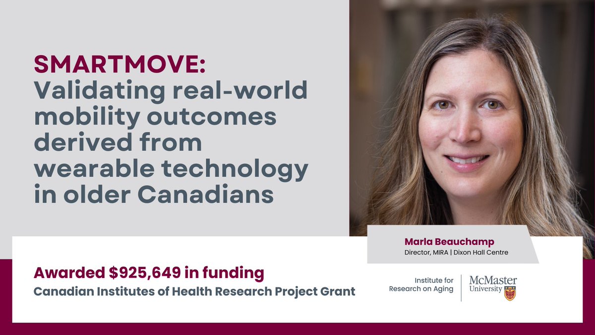Dr. Marla Beauchamp, Director of the MIRA | Dixon Hall Centre, has been awarded a $925,649 CIHR Project Grant for the SMARTMOVE project. This initiative will leverage wearable tech to improve mobility outcomes for older Canadians. 

For the full story: mira.mcmaster.ca/news-events/mi…