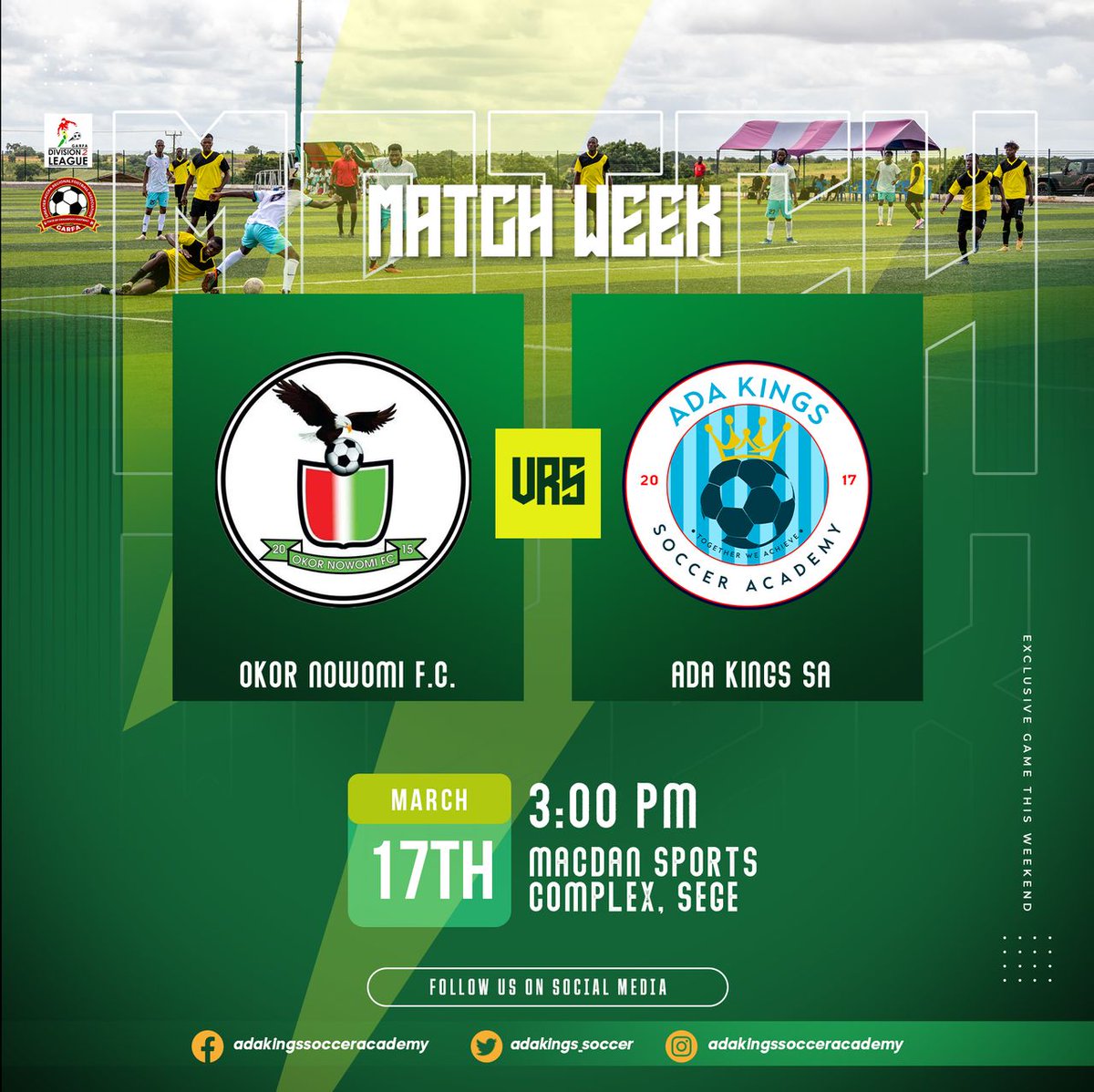 AdaKings_Soccer's tweet photo. ⚪️NEXT MATCH🔵 
It’s a second consecutive Ada derby this Matchweek. 
It’s OKOR NOWOMI 🆚 AKSA
🗓️ Monday, March 17, 2025
🕒 15:00 (GMT)
🏆 GARFA DIV 2 LEAGUE
🏟 SEGE MCDAN PARK

Let's get back to winning ways. 🤍 💙💪👊 https://t.co/NXZA6oOZzb