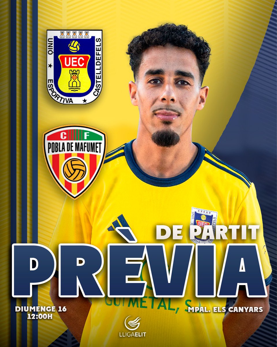 #PrimerEquipUEC| 🟡🔵

📅 Diumenge 16 de març
🕛 12h 
🏟️ Els Canyars 
⚽️ <a href="/uecastelldefels/">UE Castelldefels</a> - <a href="/CFPoblaMafumet/">CF POBLA DE MAFUMET</a> 
▶️  j22 #LligaElit 

🔗  LA PRÈVIA a tinyurl.com/ycxy64be  

#SomHiGrocs #1aLligaElit