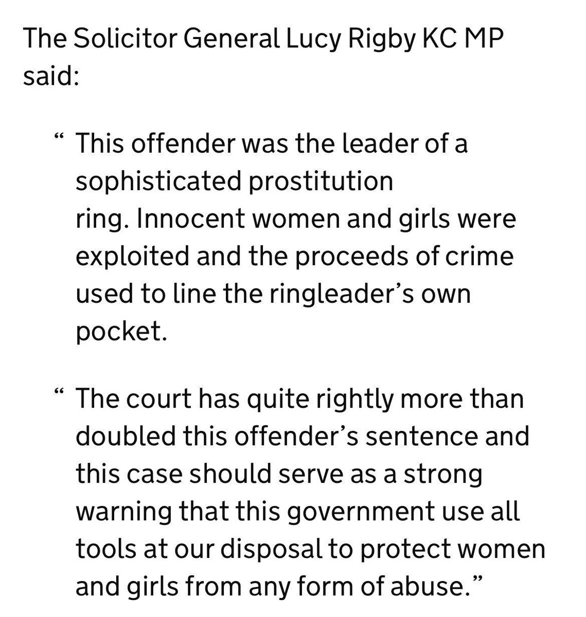 The Court of Appeal has more than doubled the sentence of a criminal ringleader who profited from the exploitation of women after my intervention👇

gov.uk/government/new…