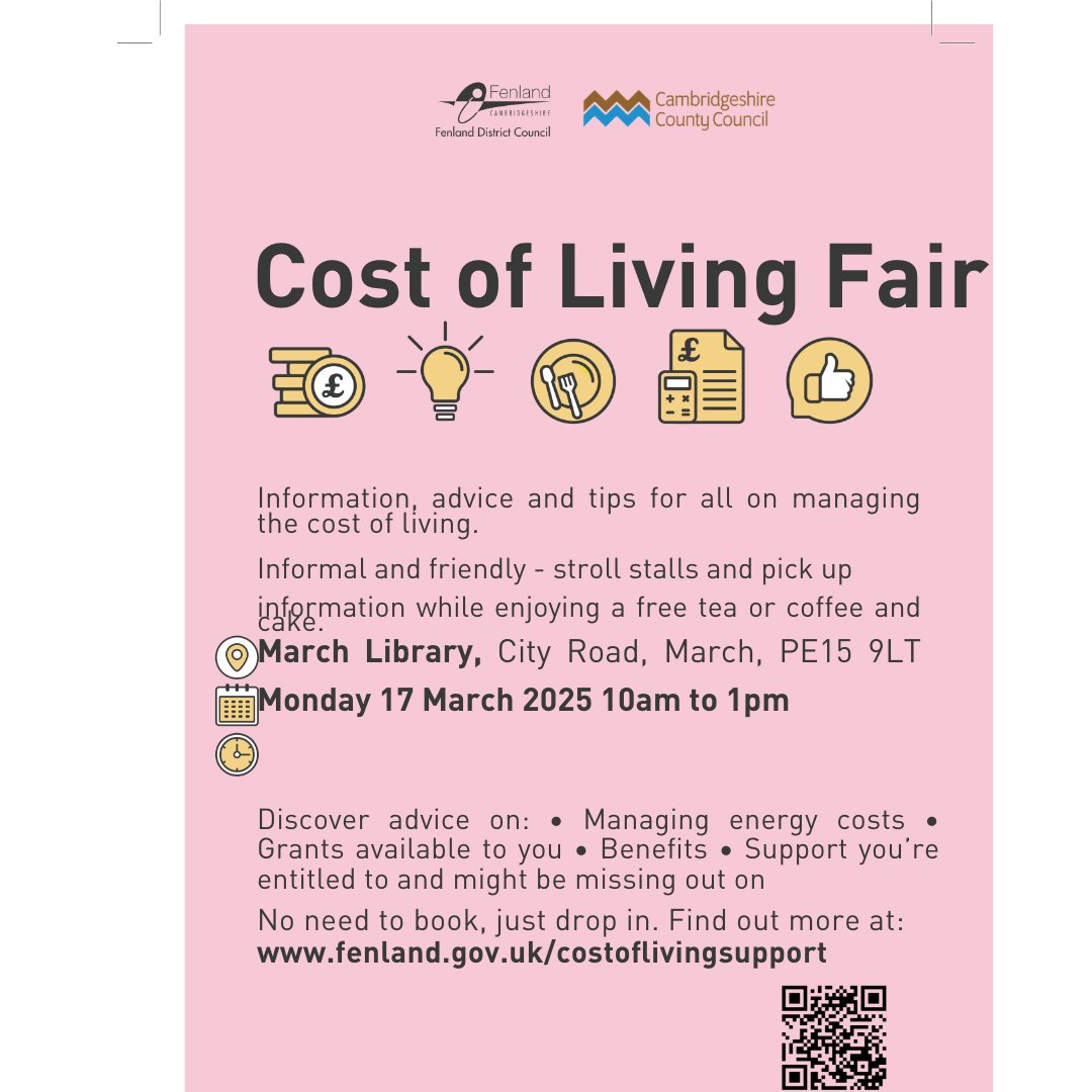pinpointcambs's tweet image. &apos;Cost of Living Fair&apos; event to provide information, advice and tips for all on managing the cost of living.
Monday, March 17, 2025, 10am to 1pm, at March Library, City Road, March, PE15 9LT
No need to book, just drop in.
 #CostOfLiving #CommunityEvent #FinancialAdvice