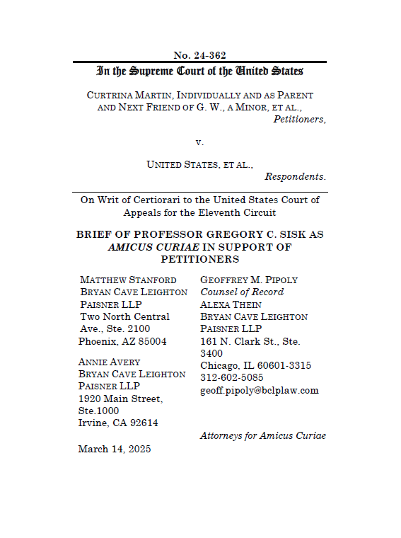 pjaicomo's tweet image. Another amicus comes from FTCA scholar Greg Sisk (@USTLawMN), who explains that the acts discretionary-function exception cannot reach petitioners' claims and that #SovereignImmunity has nothing to say on the matter.