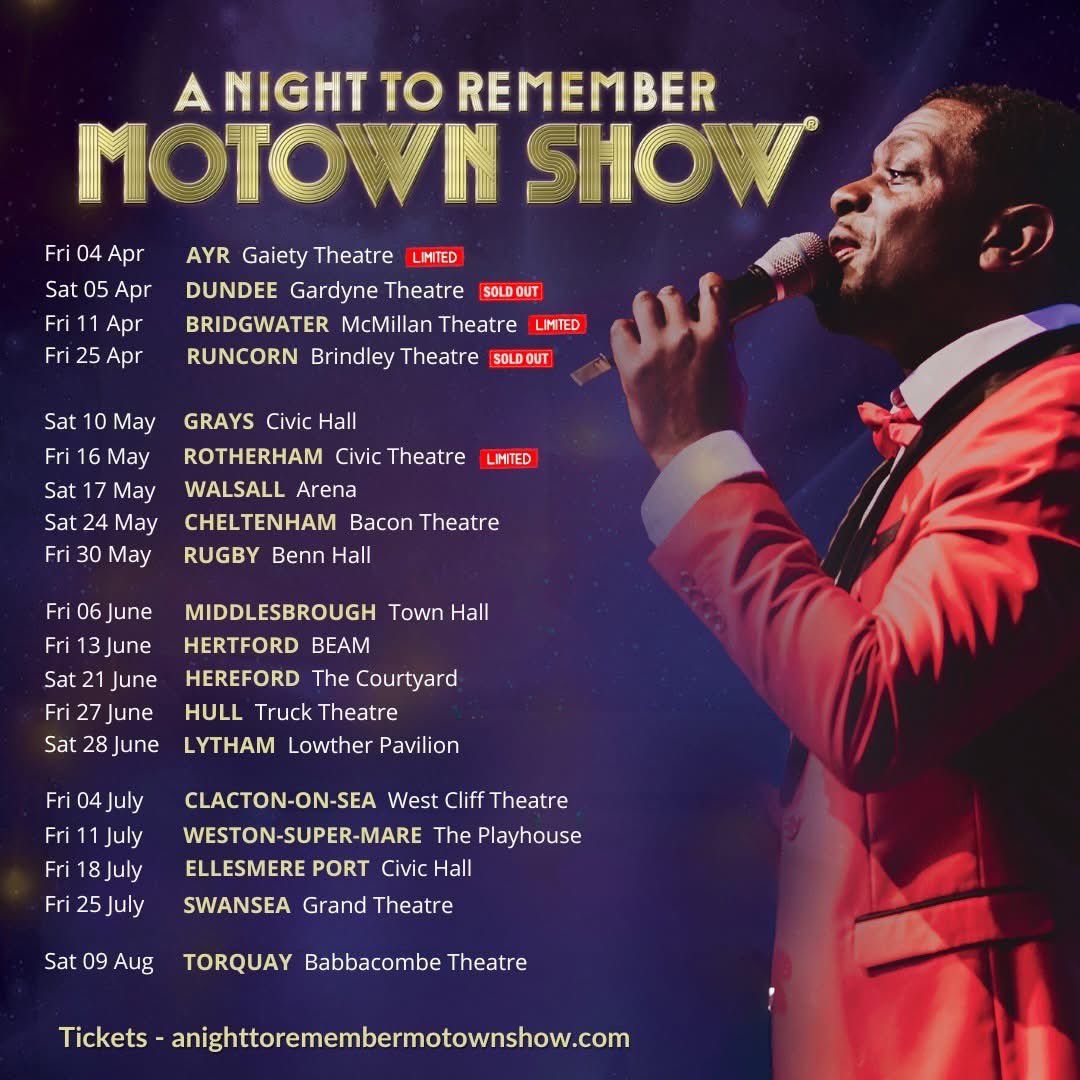 🎶 Here are the Spring - Summer theatre tour dates.

Taking you back to Detroit's heyday with high energy performances and iconic hits 🎤 Starring Bizzi Dixon from The Voice UK.

🎁 The perfect gift for Motown loving mothers on Mother's Day.

👉 Book Now - anighttoremembermotownshow.com