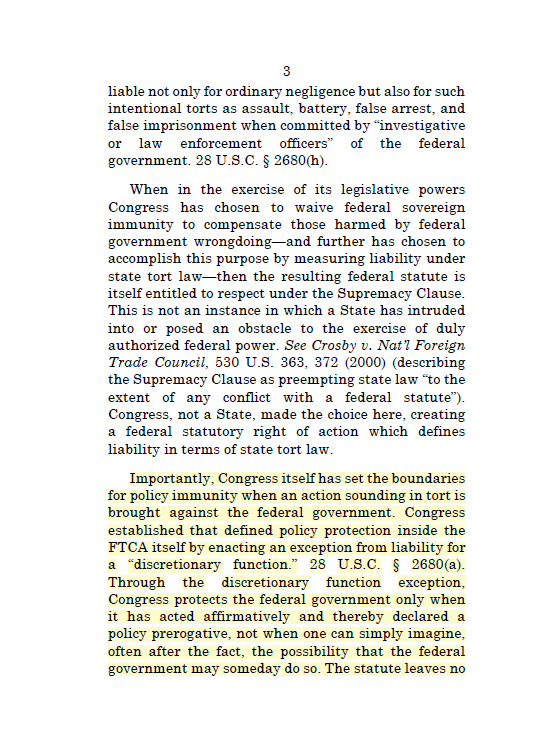 pjaicomo's tweet image. Another amicus comes from FTCA scholar Greg Sisk (@USTLawMN), who explains that the acts discretionary-function exception cannot reach petitioners' claims and that #SovereignImmunity has nothing to say on the matter.