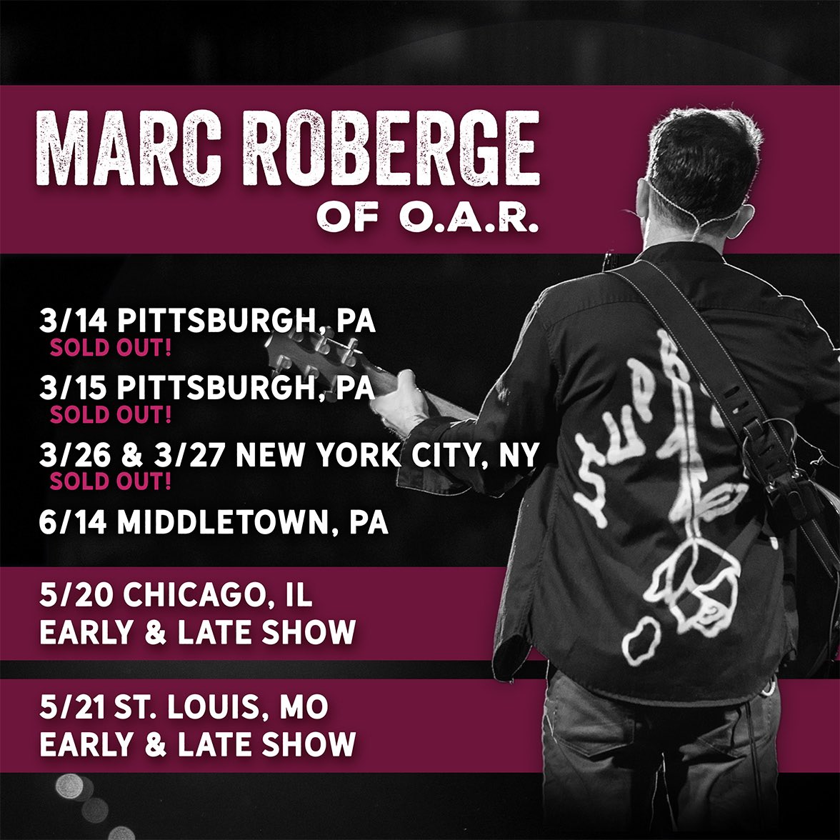 O.A.R. fans, the moment is here. 

Marc’s shows at  <a href="/citywinerystl/">City Winery St. Louis</a> and <a href="/CityWineryCHI/">City Winery Chicago</a> – 2 unforgettable nights each – are on sale starting TODAY!. 

Don’t miss the epic 4-show stand over 2 nights at <a href="/CityWineryPGH/">CityWineryPGH</a> TONIGHT!

 Lock in your tickets at LiveOAR.com.