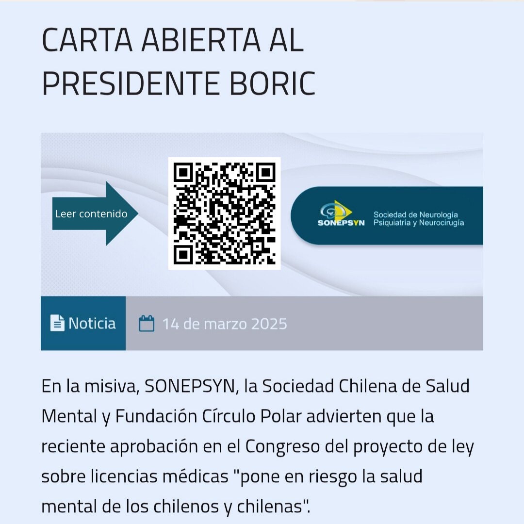 Sonepsyn Chile (@sonepsynchile) on Twitter photo Carta abierta al Presidente <a href="/GabrielBoric/">Gabriel Boric Font</a> ✉️
En la misiva, SONEPSYN, la Sociedad Chilena de Salud Mental y Fundación Círculo Polar advierten que la reciente aprobación del proyecto de ley sobre licencias médicas "pone en riesgo la salud mental de los chilenos y chilenas". Carta abierta al Presidente <a href="/GabrielBoric/">Gabriel Boric Font</a> ✉️
En la misiva, SONEPSYN, la Sociedad Chilena de Salud Mental y Fundación Círculo Polar advierten que la reciente aprobación del proyecto de ley sobre licencias médicas "pone en riesgo la salud mental de los chilenos y chilenas".