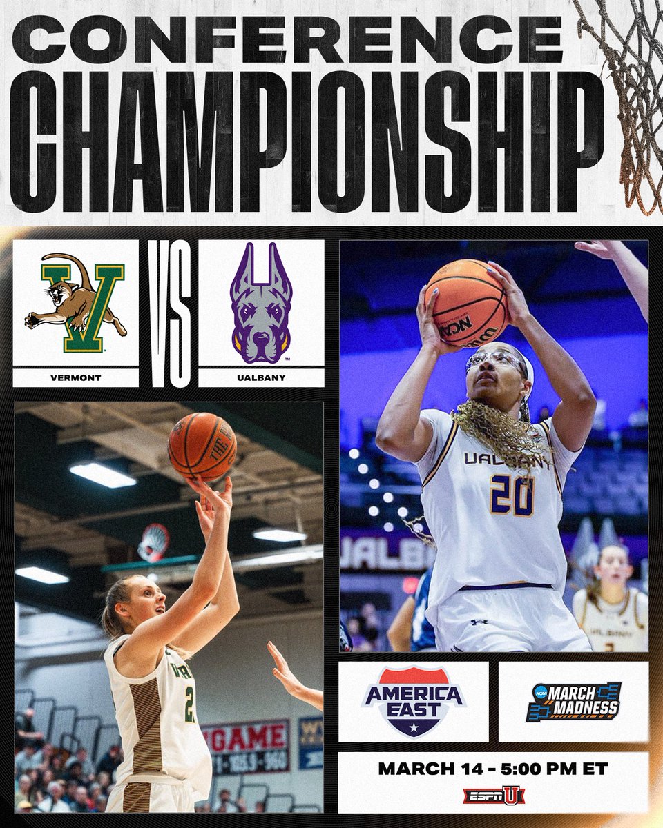 NCAA March Madness (@marchmadnesswbb) on Twitter photo AMERICA EAST CONFERENCE CHAMPIONSHIP‼️
<a href="/UVMwbb/">UVM Women's Basketball</a>
🆚
<a href="/UAlbanyWBB/">UAlbany WBB</a>
⏰ 5 PM EST
📺 ESPNU
#NCAAWBB AMERICA EAST CONFERENCE CHAMPIONSHIP‼️
<a href="/UVMwbb/">UVM Women's Basketball</a>
🆚
<a href="/UAlbanyWBB/">UAlbany WBB</a>
⏰ 5 PM EST
📺 ESPNU
#NCAAWBB