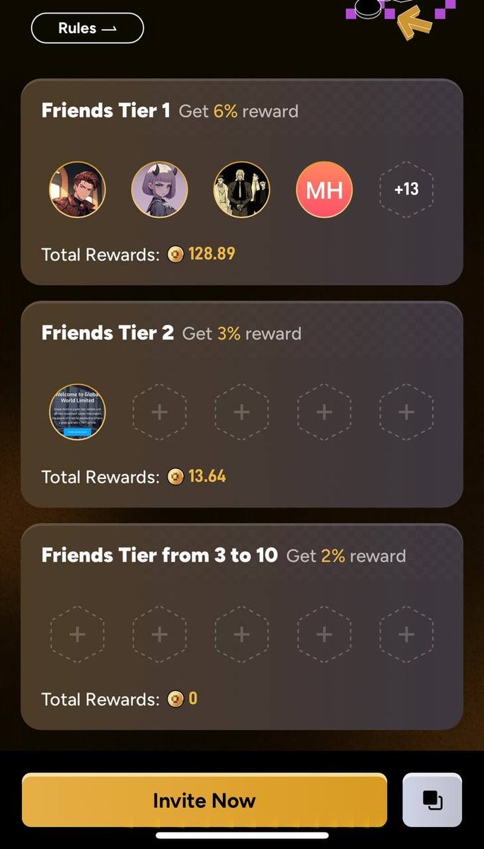 进入游戏邀请奖励
邀请1个一级好友获得6%的ADT奖励
邀请1个二级好友获得3%的ADT奖励
邀请1个三级好友获得2%的ADT奖励

团队奖励需要花9.99U解锁
这样获得的奖励也就会越多
当然也不需要充值都可以的，这取决于自己的想法，也有人很多没有充值的朋友
邀请朋友越多获得的神秘盒子就会越多