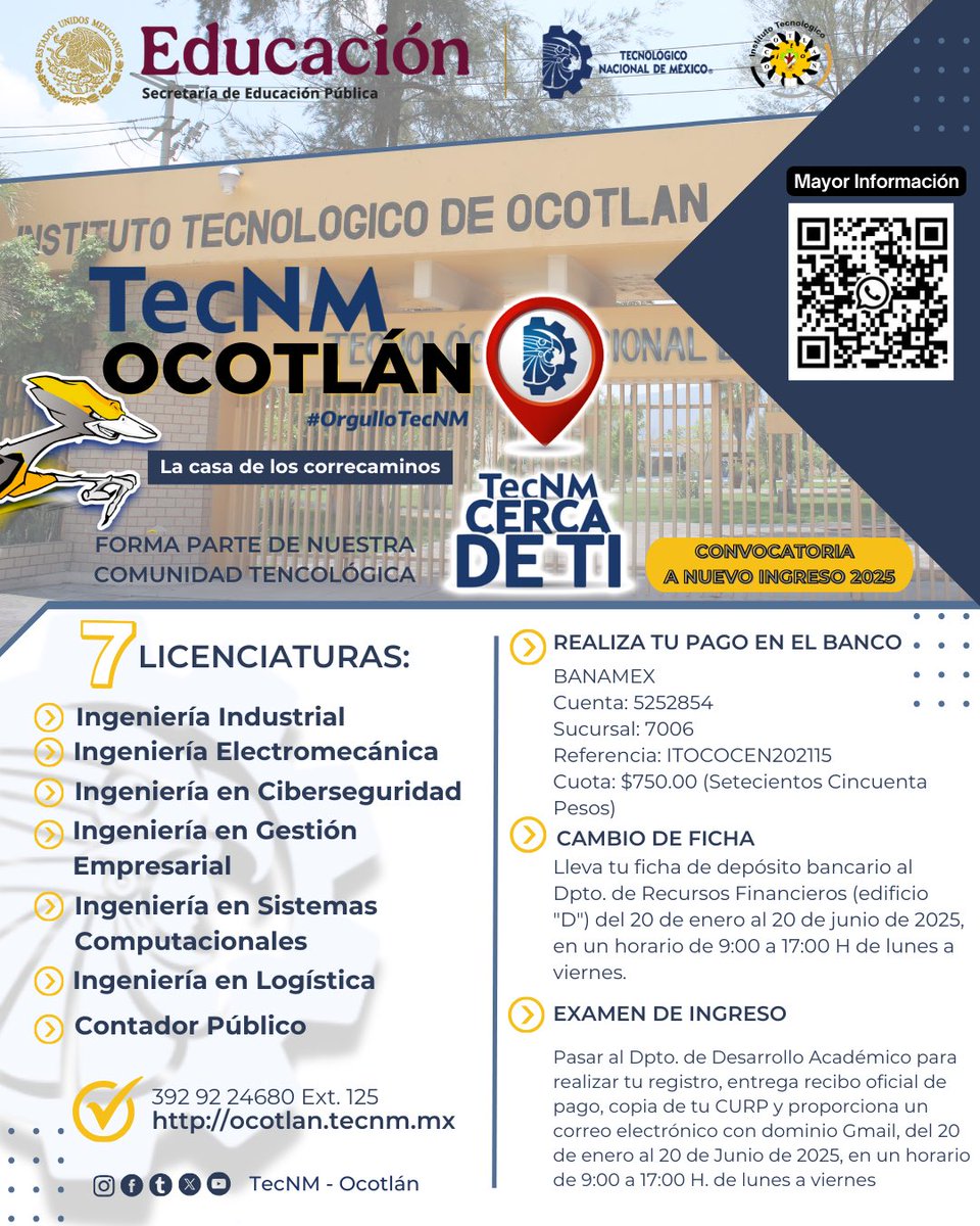 #TecNMCercaDeTi📍
🎓 ¡Comienza tu camino hacia el éxito en el #TecNM - Ocotlán!

Si deseas formar parte de su #ComunidadTecNM, ¡este es tu momento! 🧡, a partir del 20 de enero y hasta el 20 de junio, estarán disponibles las fichas para aspirantes a nuevo ingreso.

Más