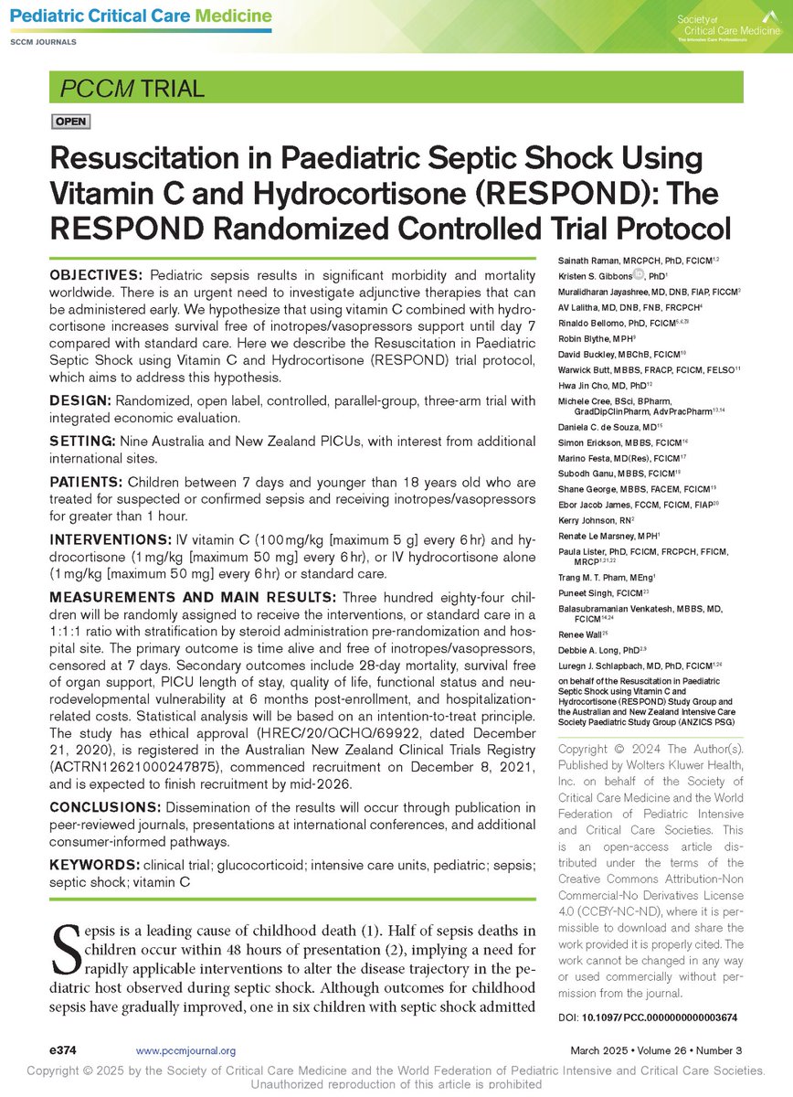 "Pediatric sepsis results in significant morbidity and mortality worldwide. There is an urgent need to investigate adjunctive therapies that can be administered early."

Get the details on the RESPOND trial protocol: bit.ly/3XJpvct

#PedsICU #sepsis <a href="/SCCM/">SCCM</a>