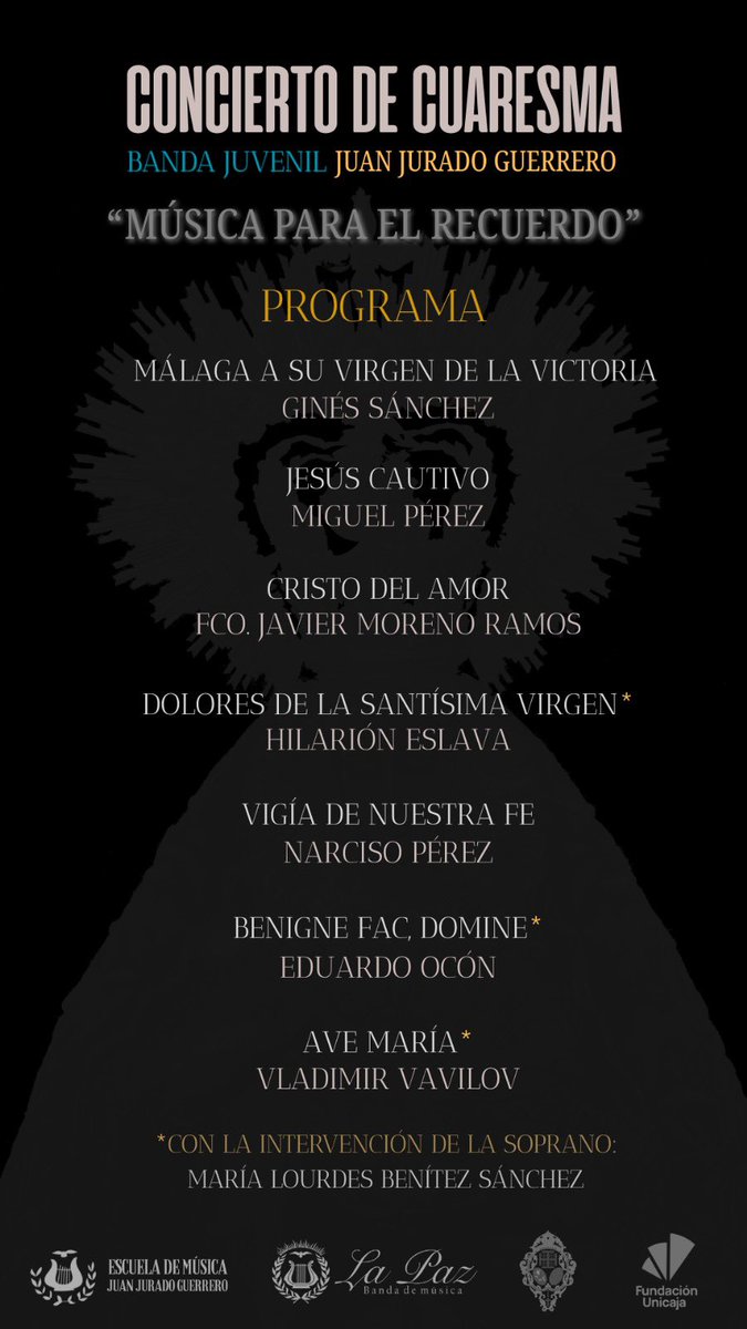 🎶Presentamos el 𝐩𝐫𝐨𝐠𝐫𝐚𝐦𝐚 de nuestro concierto de cuaresma: “𝙈𝙪́𝙨𝙞𝙘𝙖 𝙥𝙖𝙧𝙖 𝙚𝙡 𝙧𝙚𝙘𝙪𝙚𝙧𝙙𝙤” de mañana a las 𝟭𝟮h. en la ermita del Monte Calvario.

🧡Además, contaremos con la intervención de la soprano 𝑴𝒂𝒓í𝒂 𝑳𝒐𝒖𝒓𝒅𝒆𝒔 𝑩𝒆𝒏í𝒕𝒆𝒛 𝑺á𝒏𝒄𝒉𝒆𝒛.