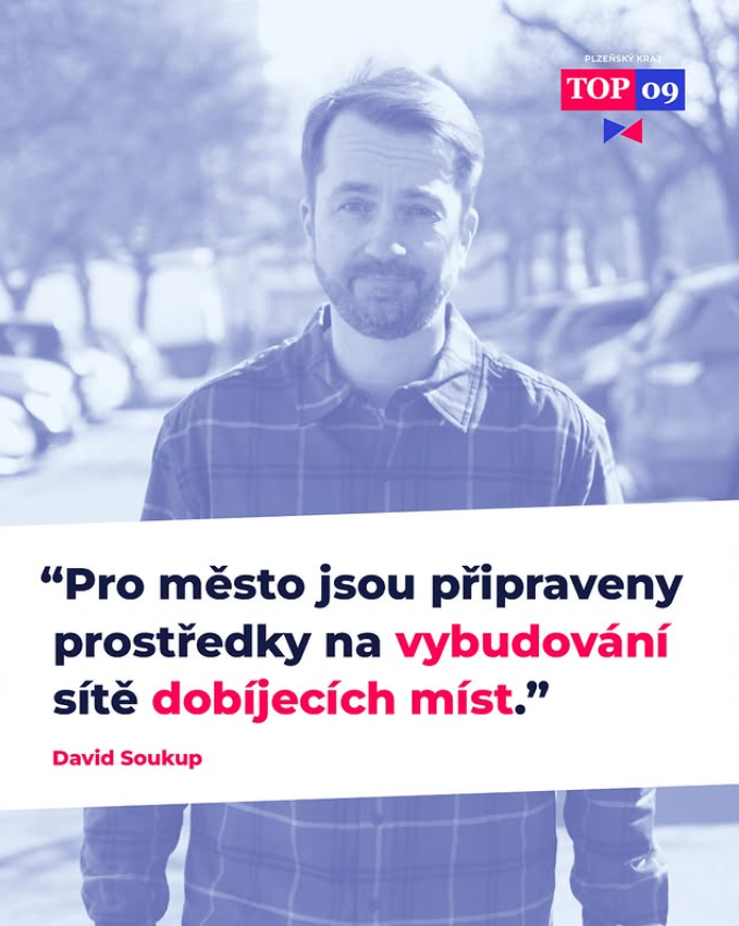 🚗 Pro město Plzeň jsou připraveny prostředky na vybudování sítě dobíjecích míst.

🔵 TOP 09 spolupracuje s Asociací pro elektromobilitu ČR, která zajistila finanční podporu na vybudování základní sítě dobíjecích stanic z evropských fondů. Plzeň ale na sídlištích budovat