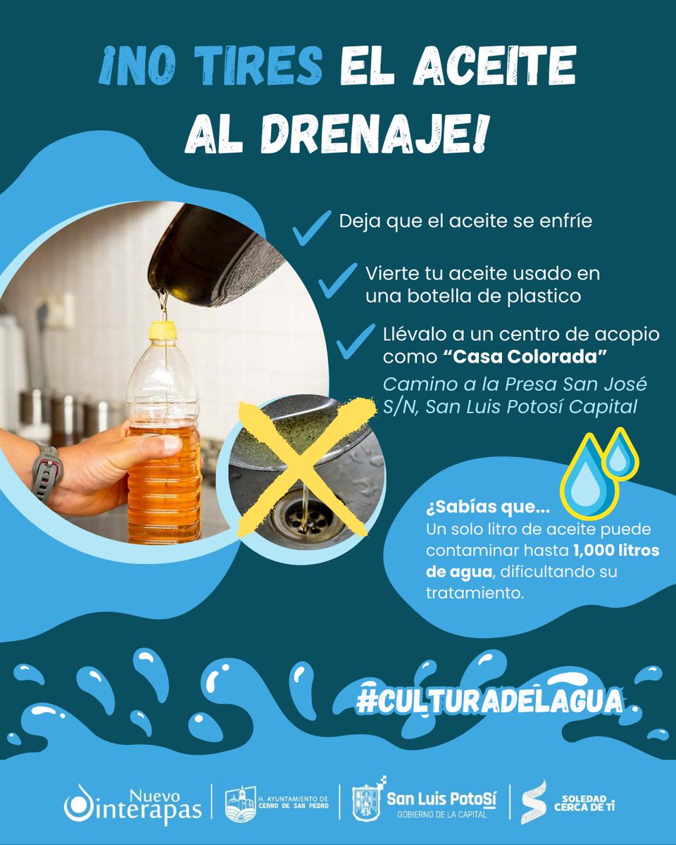 Interapas's tweet photo. ¡No tires el aceite al drenaje! 🚫 Ayúdanos a cuidar las tuberías para el beneficio de todos 🧑🔧
Lleva tu aceite usado a #CasaColorada (Camino a la Presa San José S/N, San Luis Potosí Capital) 🏠
Más información https://t.co/XBsPOtB3MR https://t.co/TLCjQ1TK6N