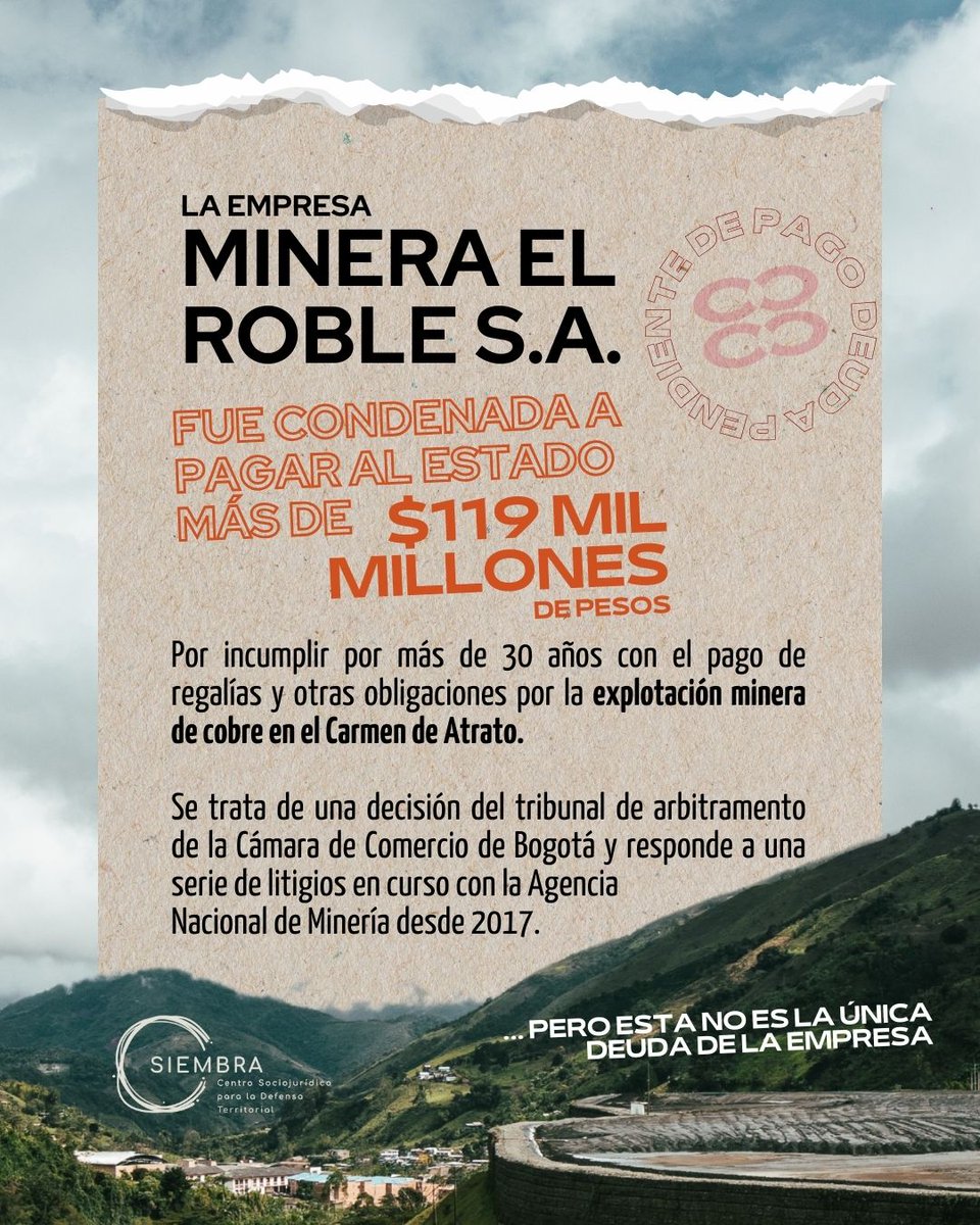 Mientras el 🌎 busca cobre para la transición energética, Colombia se enfrenta a los incumplimientos y deudas de la Minera El Roble S.A., que lleva más de 30 años sin pagar regalías al Estado por su explotación de cobre.

Lee nuestra #NuevaInvestigación en bit.ly/LasDeudasDeElR…