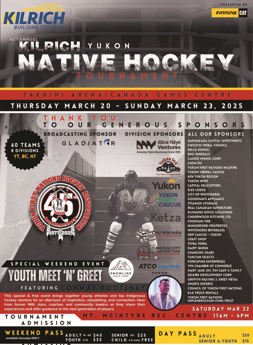 🙏Shäw nithän ~ Gúnèlchish ~ Mussi Cho ~ Thank you to our title sponsor Kilrich Building Centres and all our fabulous sponsors for the 45th Annual Kilrich Yukon Native Hockey Tournament Presented by Finning Canada